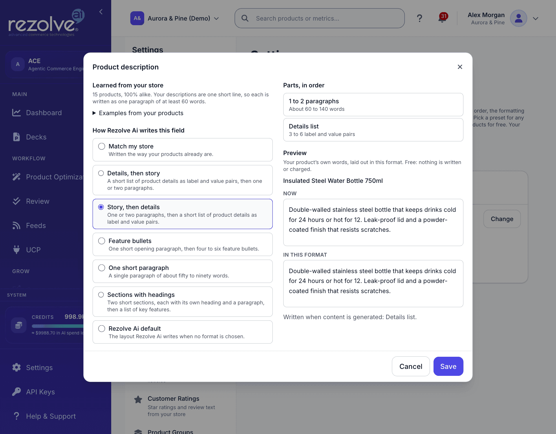 The dialog for the product description with Story, then details chosen and the preview beside it
