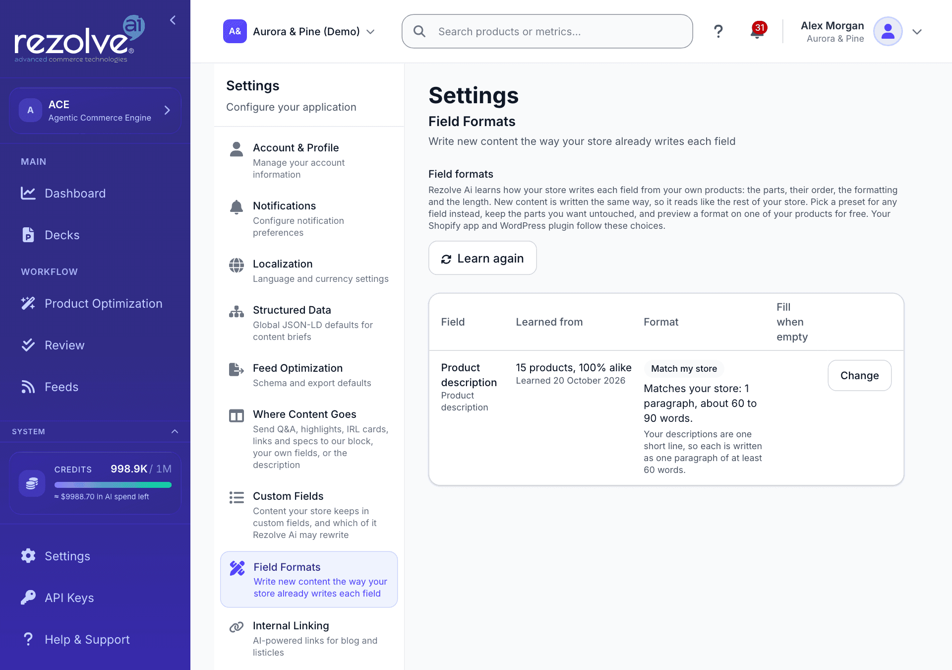 The Field Formats screen with the product description learned from 15 products
