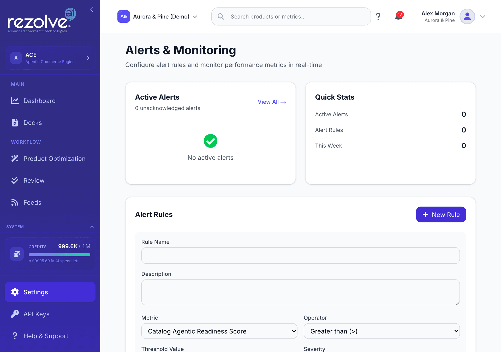The Alerts and Monitoring page with Active Alerts, Quick Stats and the New Rule form open
