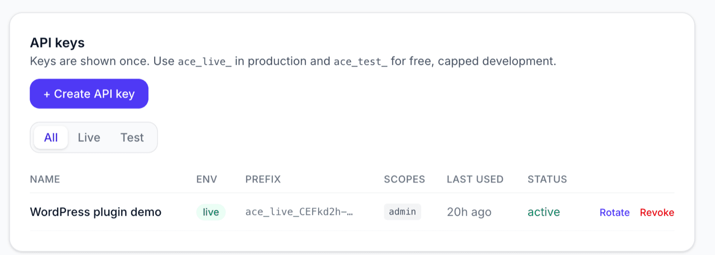 The API keys list showing a key's name, environment, prefix, scopes, and status