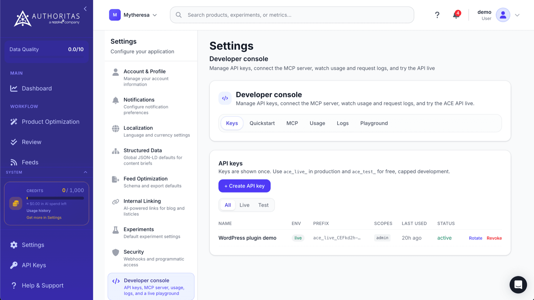 The Rezolve Ai dashboard with API Keys highlighted in the left menu and the Developer console open on the Keys tab