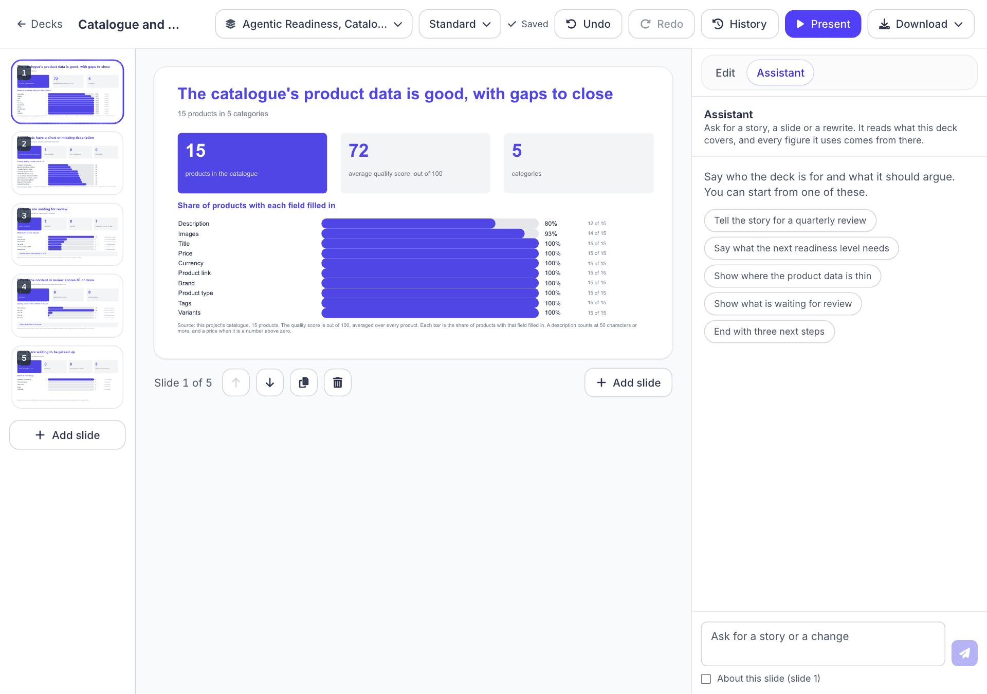 The deck builder with the Assistant tab open, showing its starter requests and the message box