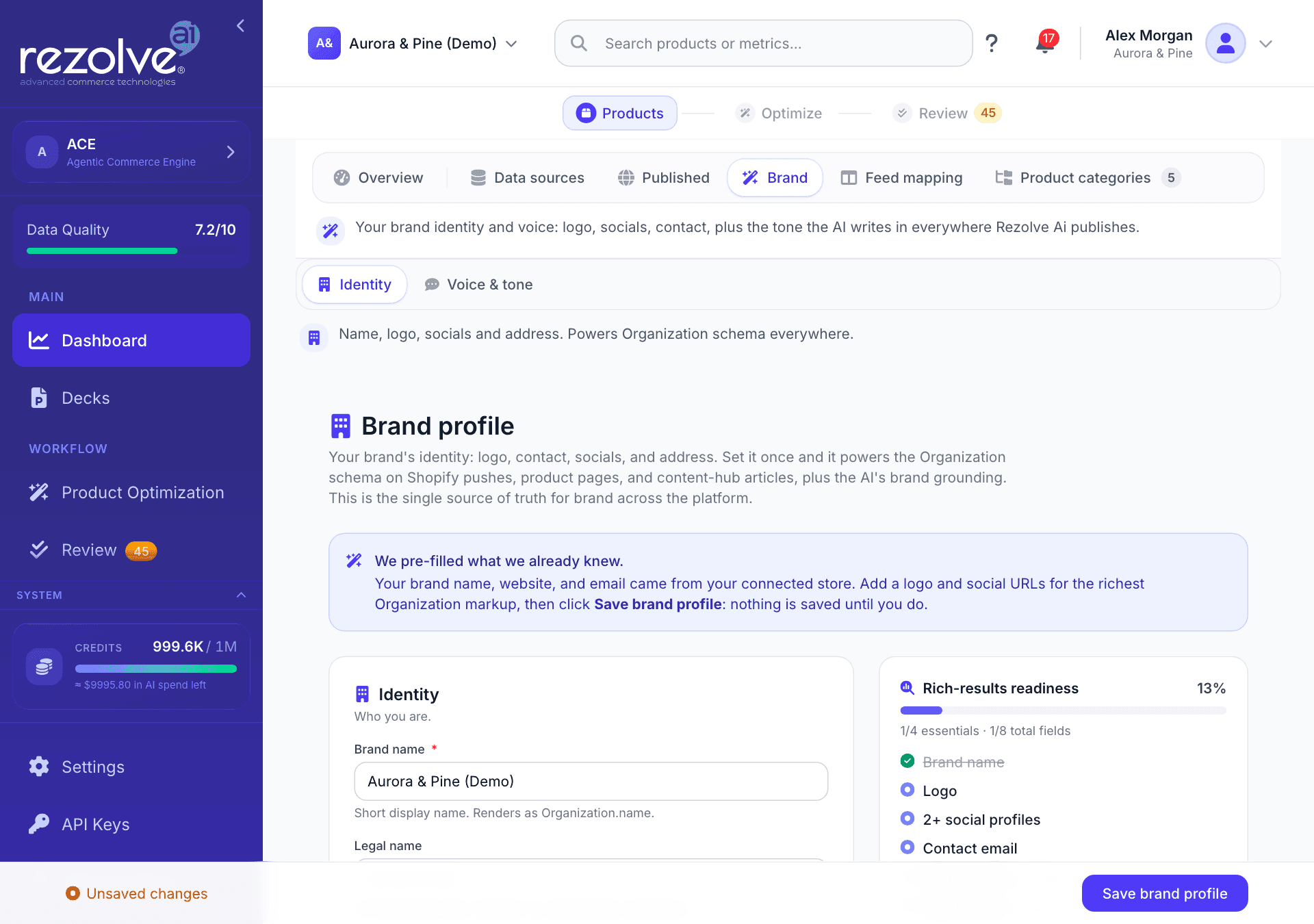 The Brand profile form on the Identity tab of the Dashboard's Brand view