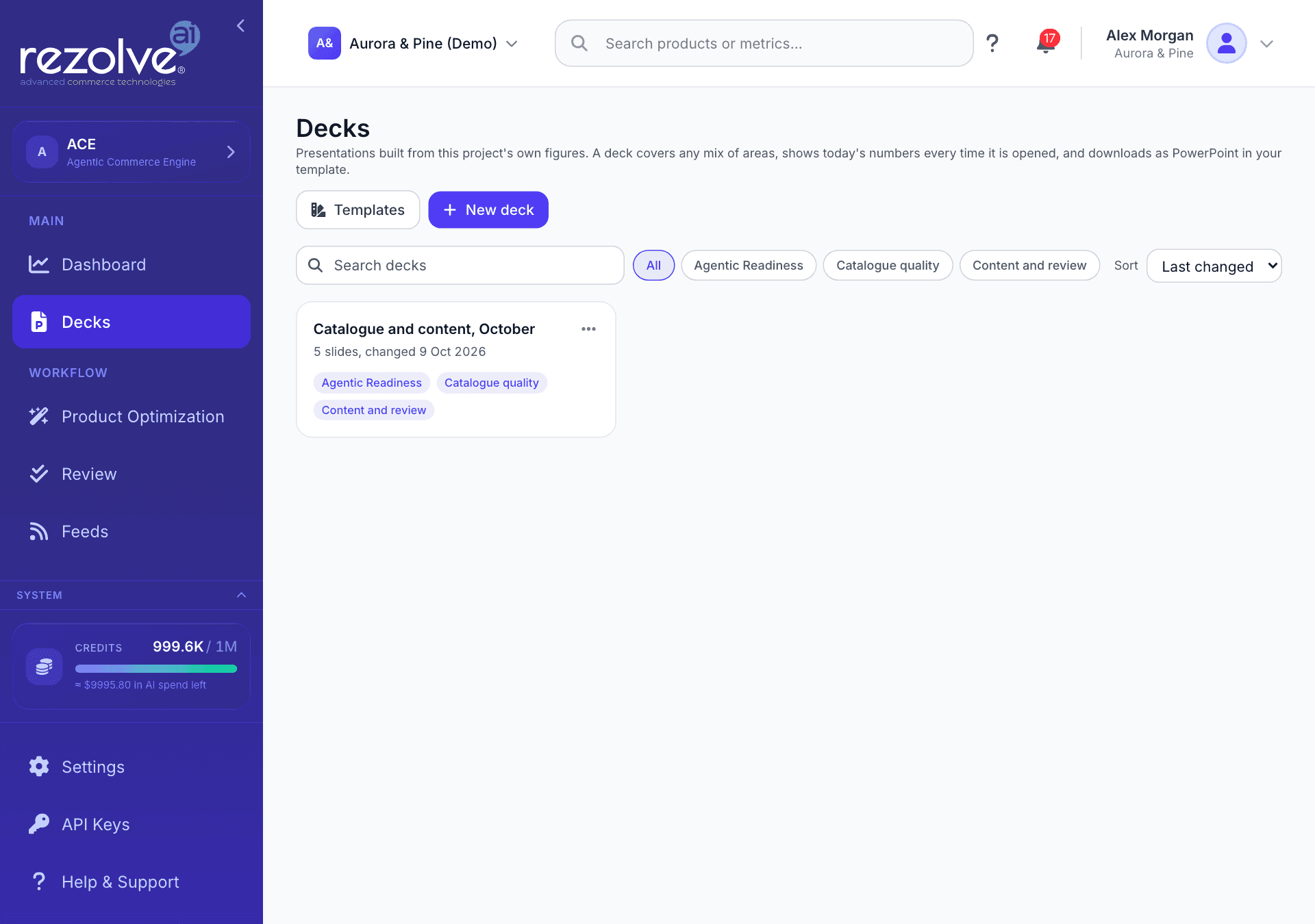 The Decks page with one deck card showing what it covers, the search box, the area filter, and the Templates and New deck buttons