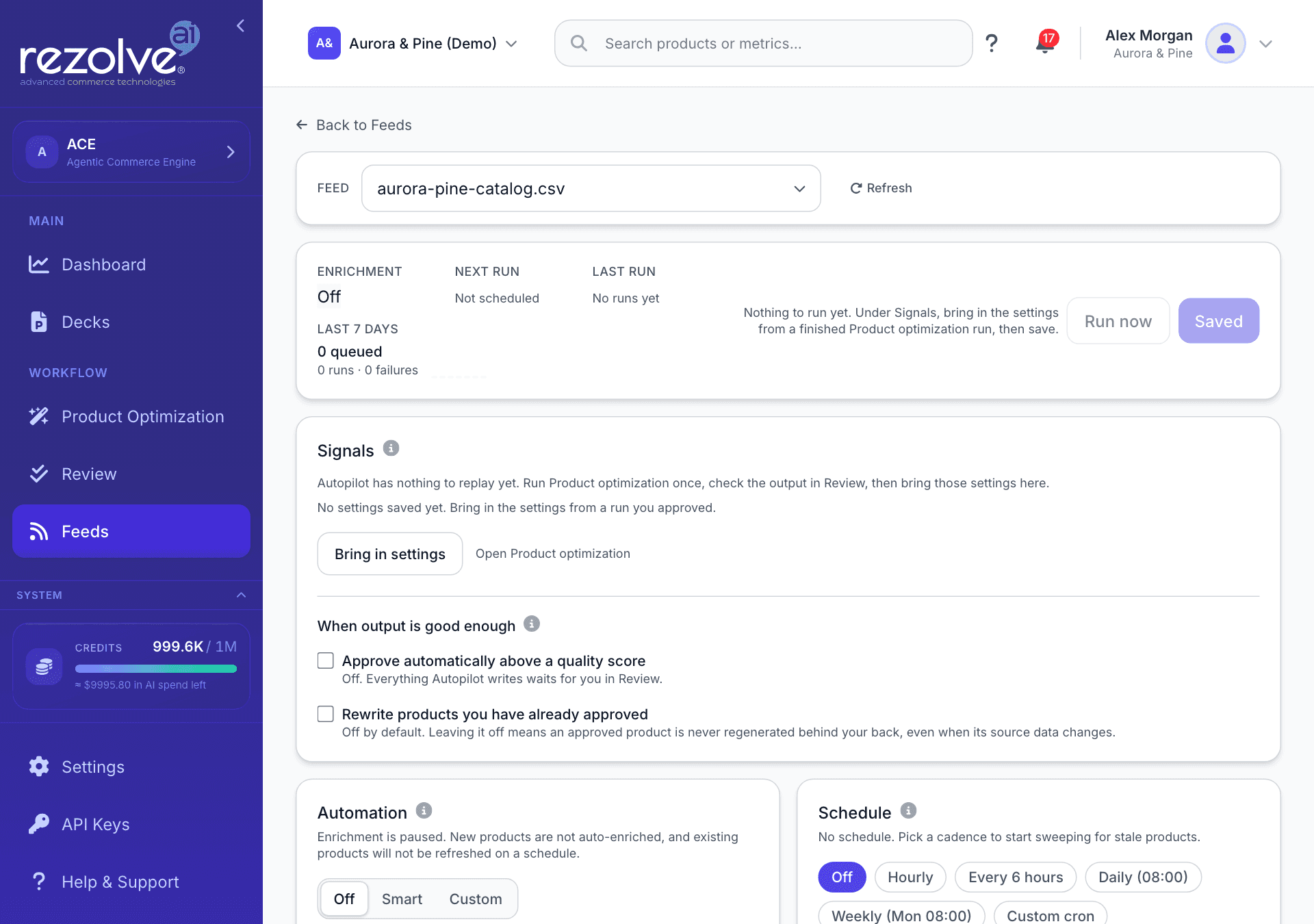 Product feed enrichment for one feed, with the feed switcher, the run bar, and the Signals, Automation and Schedule cards