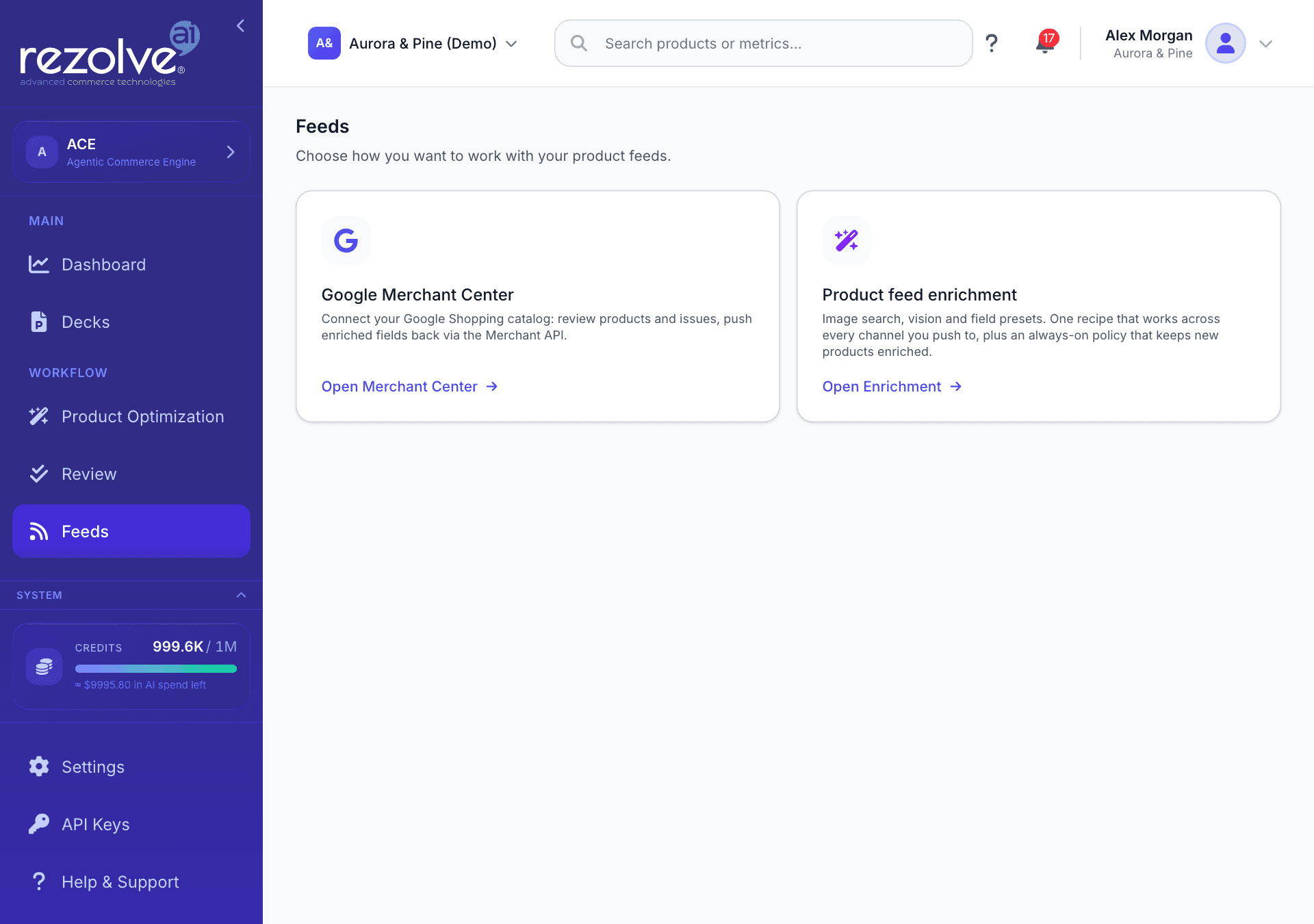 The Feeds page with the Google Merchant Center and Product feed enrichment cards