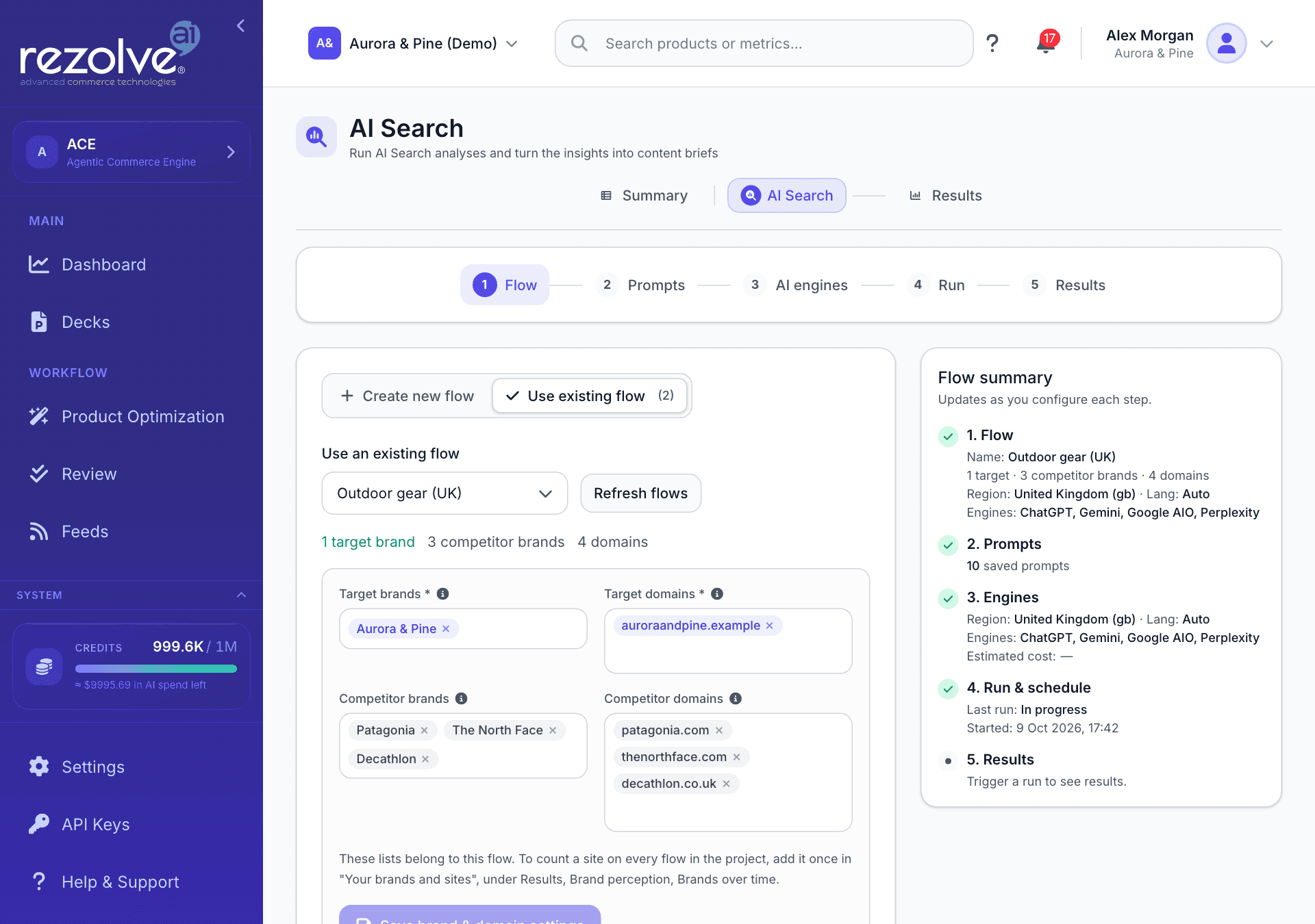 The AI Search screen on step 1, with the five-step bar, an existing flow selected with its brands and domains, and the Flow summary panel on the right