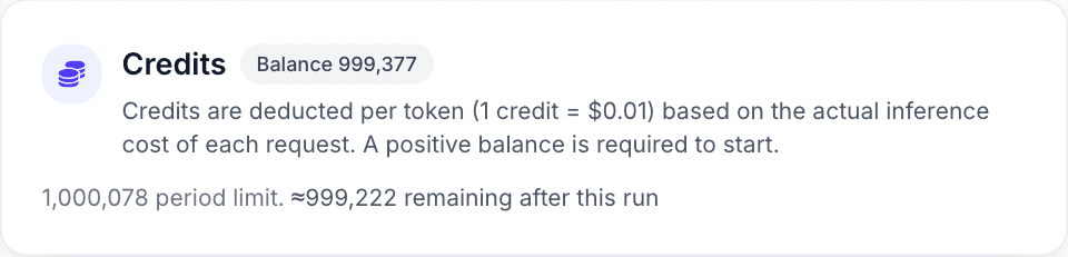 The Credits card on the Launch step, showing the balance and what would remain after the run