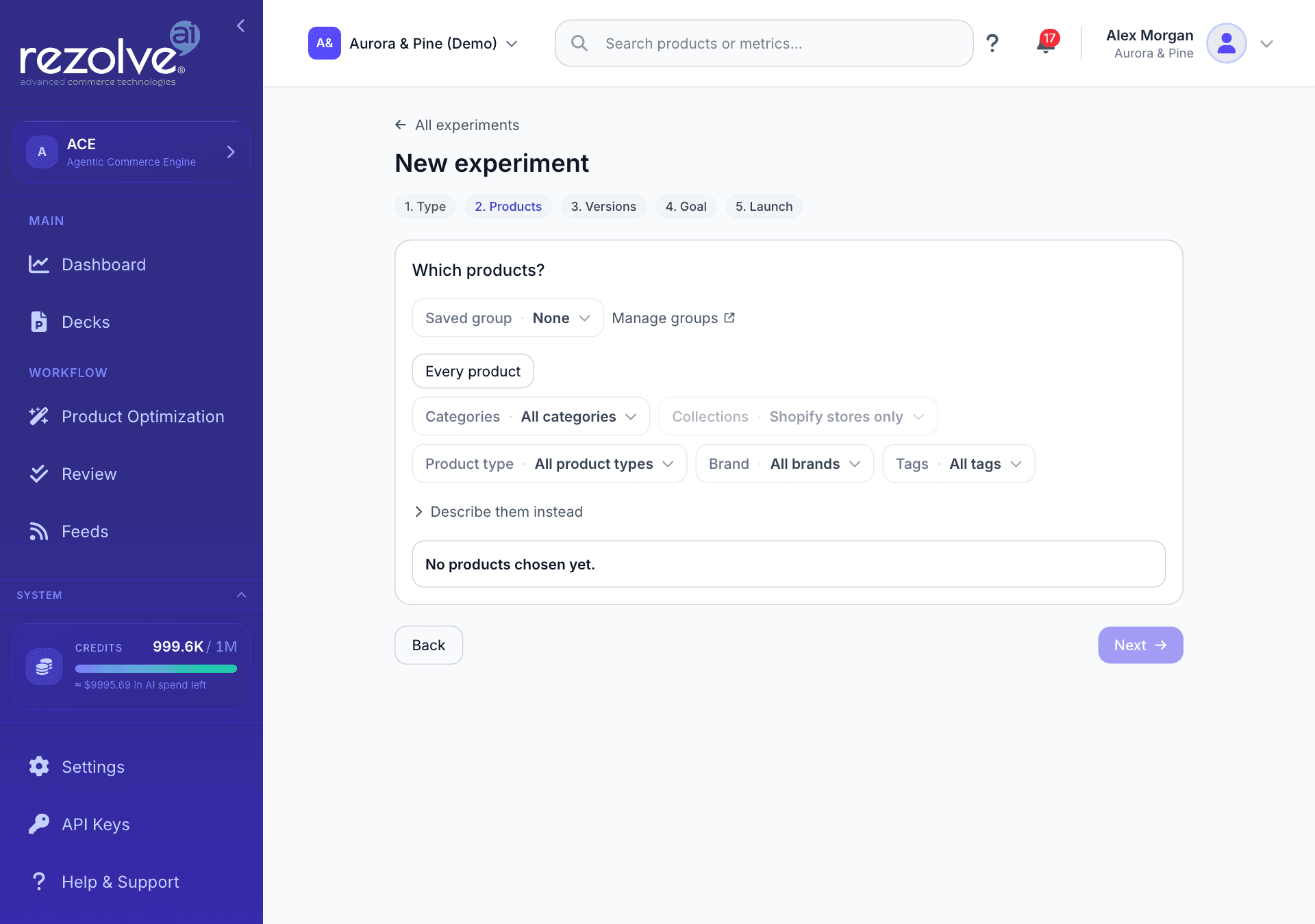 Step 2 of a new experiment, with the Saved group menu, Every product and the product filters