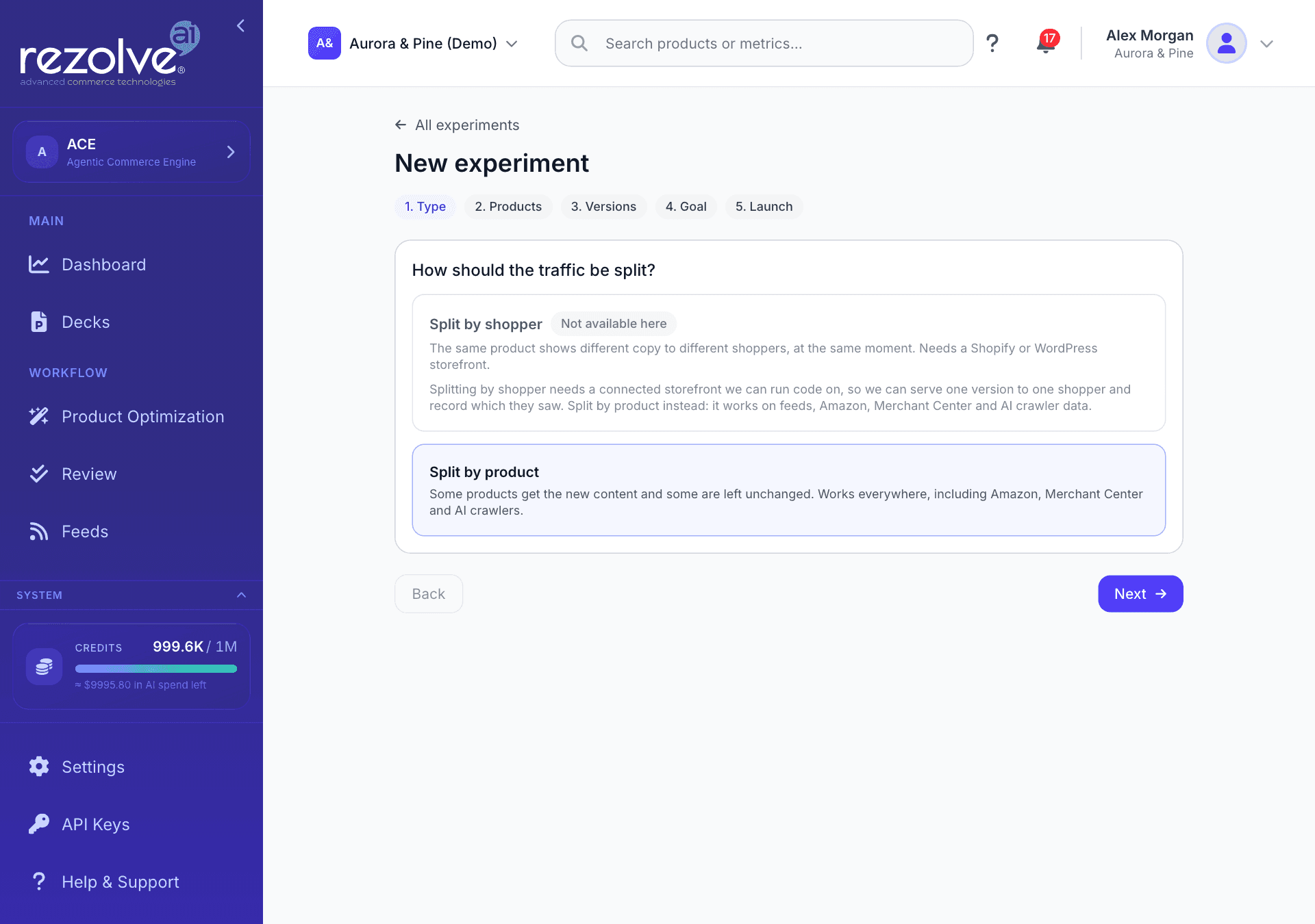 Step 1 of a new experiment, with Split by shopper unavailable without a storefront and Split by product selected