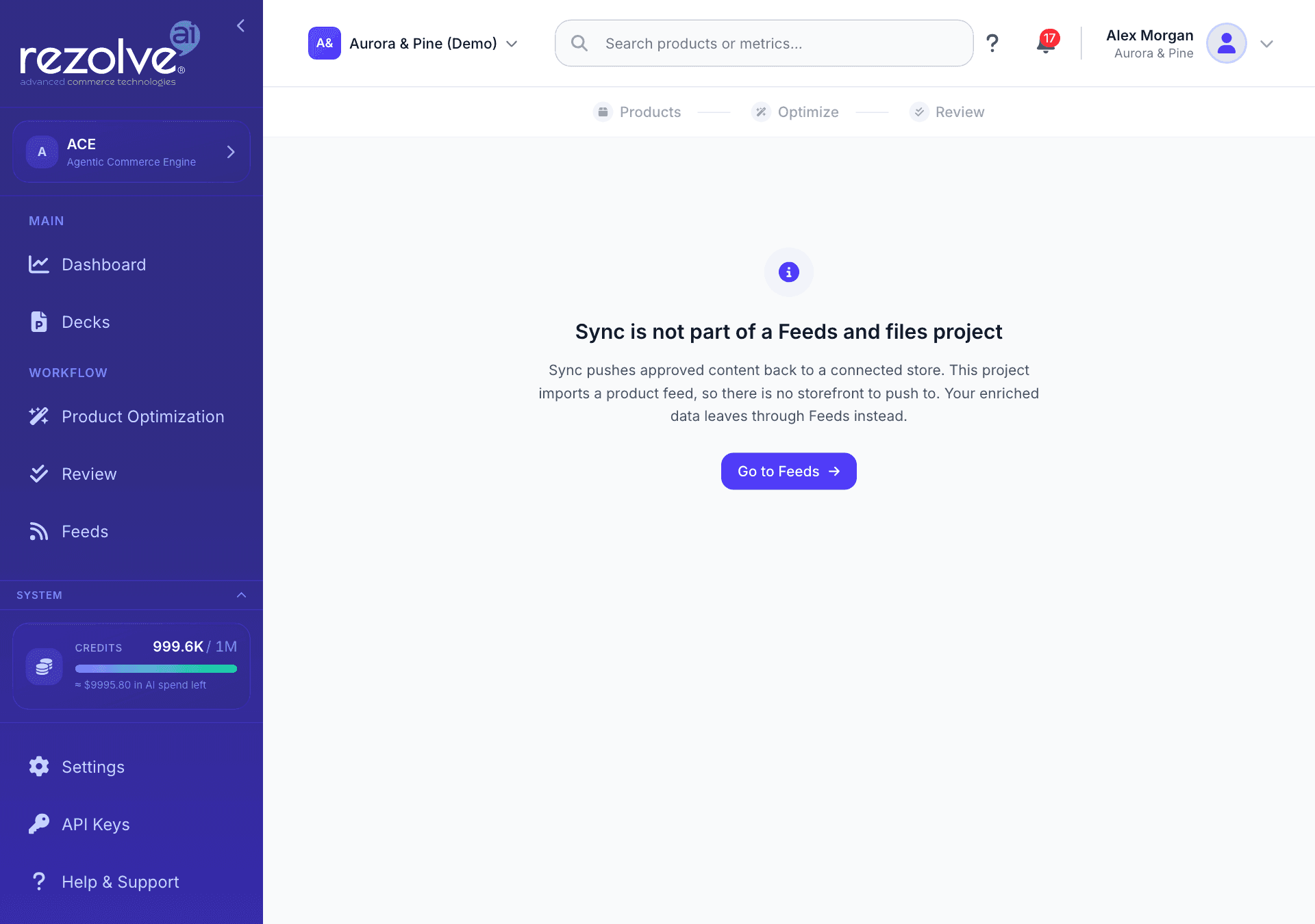 The panel shown when Sync is opened on a Feeds and files project, with its explanation and the Go to Feeds button