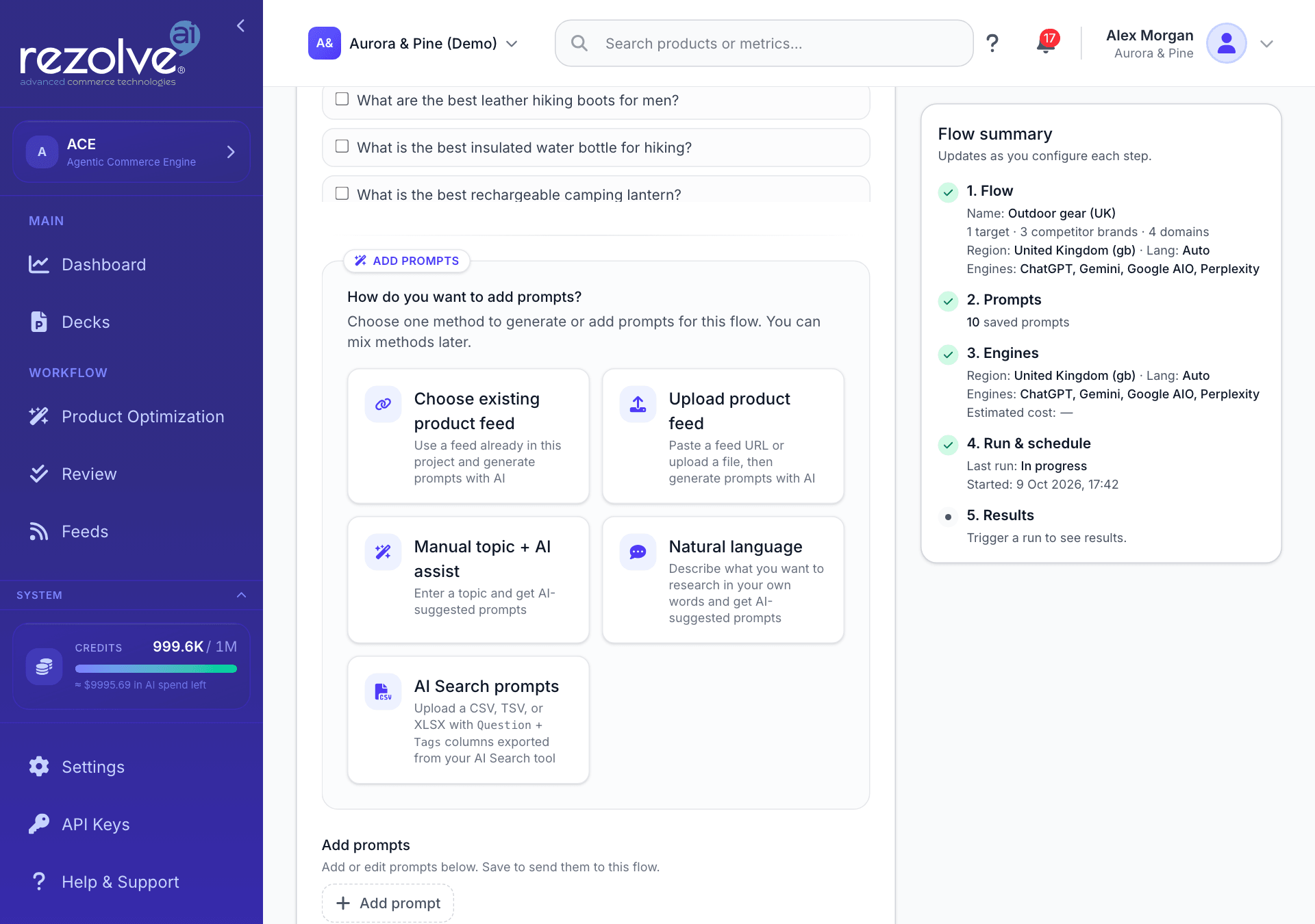 The Prompts step with saved prompts above the five ways to add more