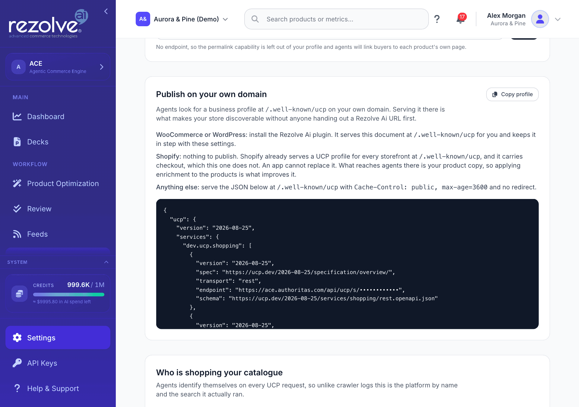 The Publish on your own domain section with instructions for each platform, the Copy profile button and the profile document