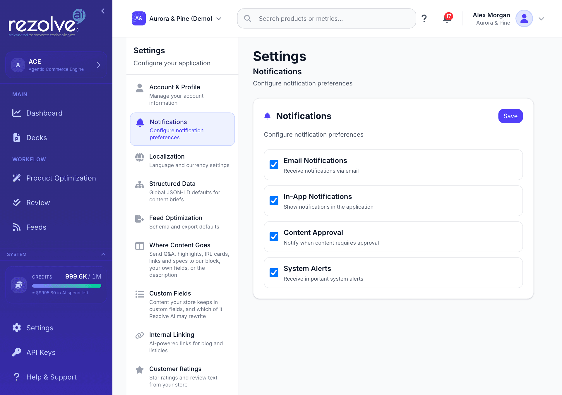The Settings screen with the category list on the left and Notifications open