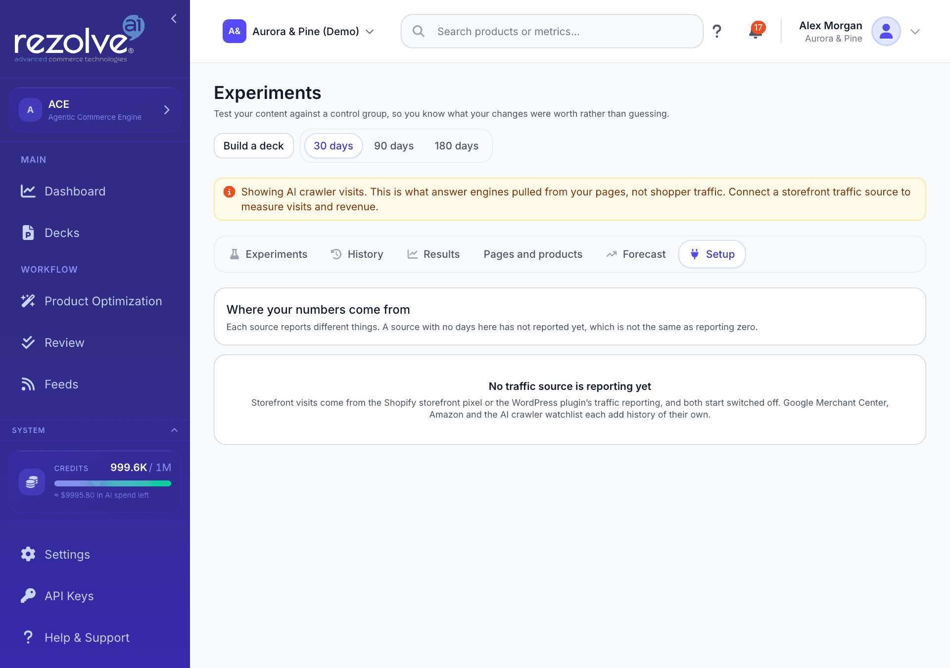 The Experiments screen on the Setup tab of a project with no storefront connected, saying no traffic source is reporting yet