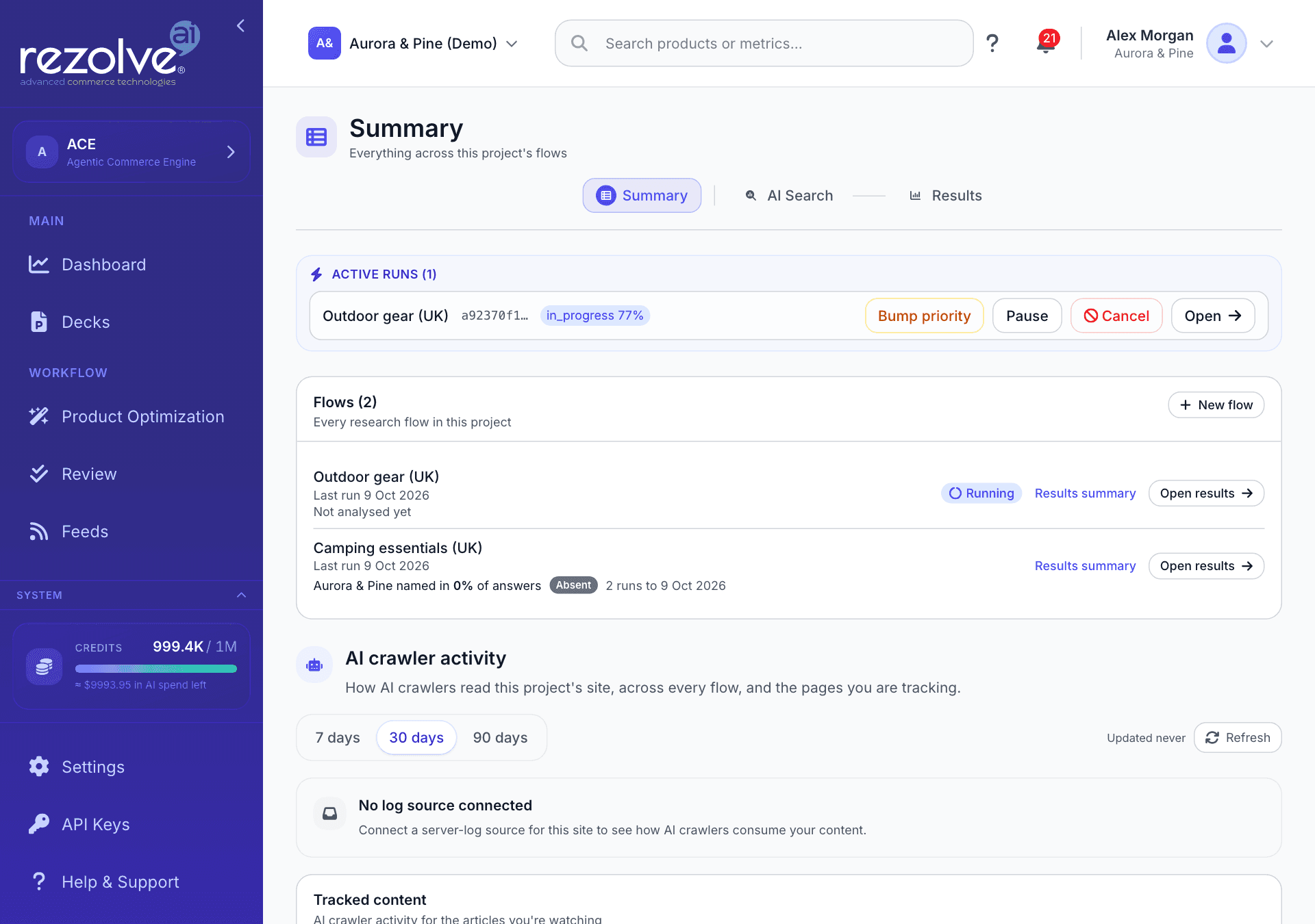 The Summary page with Active runs, the Flows list with Results summary links, and AI crawler activity