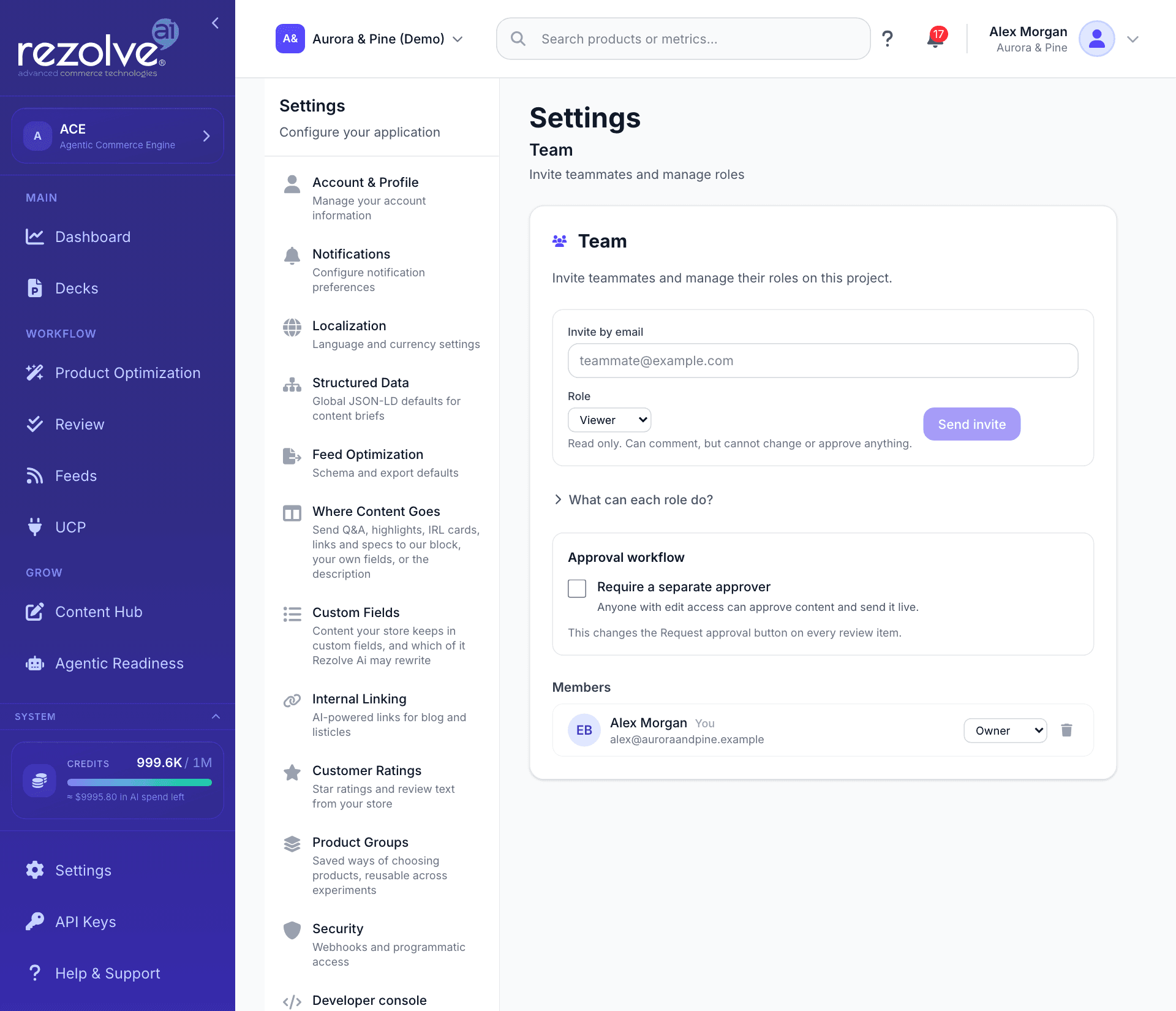 The Team screen with the invite form, the Approval workflow card and the Members list