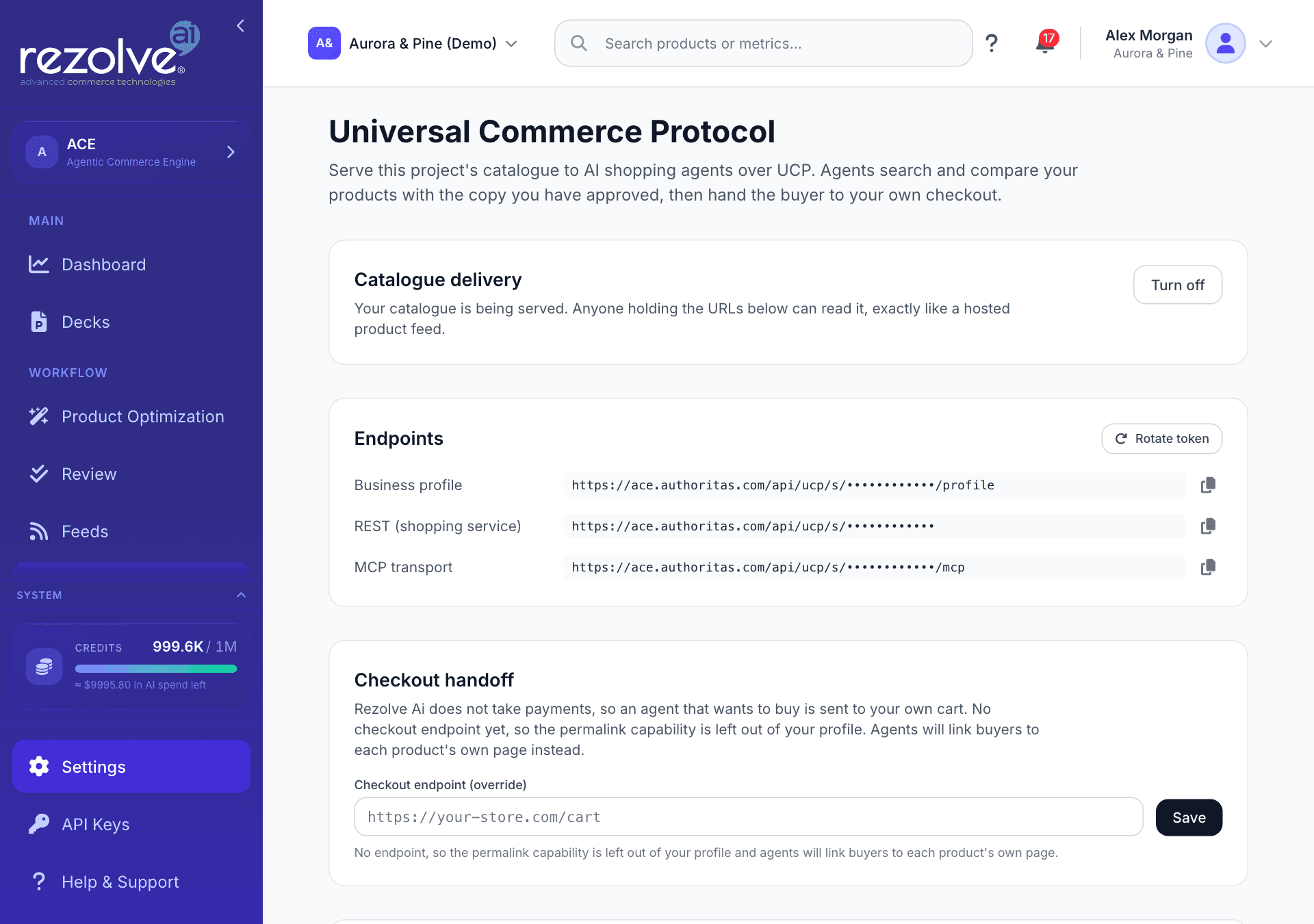The Universal Commerce Protocol screen with Catalogue delivery turned on, the three Endpoints with copy buttons, and Checkout handoff